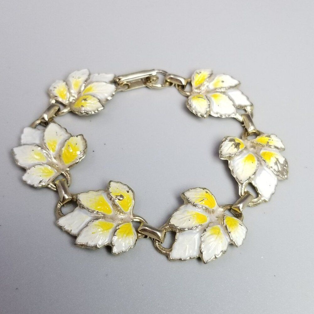 Vintage Yellow and White Enamel Leaf Shape Panel Chain Bracelet, Retro Estate